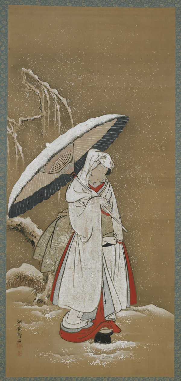 Talvi: nuori nainen kävelee lumessa, Edo-kausi, n.1772-80 (väri ja kulta silkillä) tekijältä Isoda Koryusai