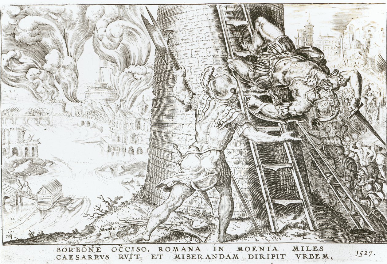 Charles Bourbonin (1490-1527) kuoltua Kaarle V:n (1500-58) joukot hyökkäsivät Rooman muureille, 1527 tekijältä Italian School