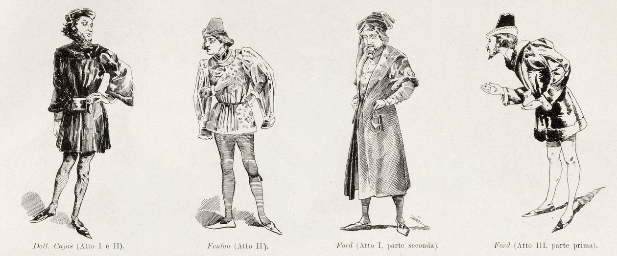 Puvut Verdin oopperasta Falstaff, LIllustrazione Italiana, XX, N. 8, 19. helmikuuta 1893 tekijältä Italian School