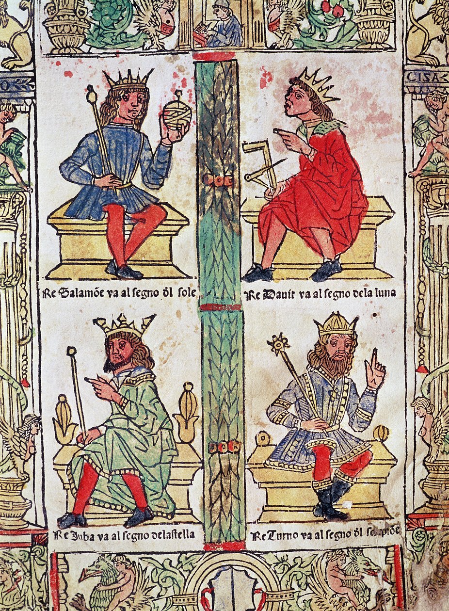 Kuningas Daavid, Salomon, Luba ja Turnis, Lorenzo Spiriton teoksesta "Libro de la Sorte e de la Ventura" (värillinen puupiirros) tekijältä Italian School