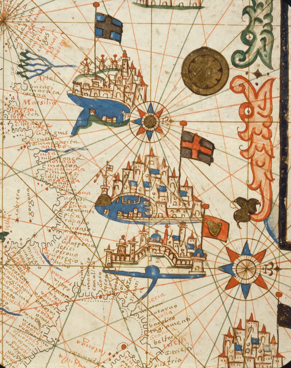 Marseille, Genova ja Venetsia, merenkulkuatlaksesta, 1646 (tussi pergamentille) (yksityiskohta kuvasta 330937). tekijältä Italian School