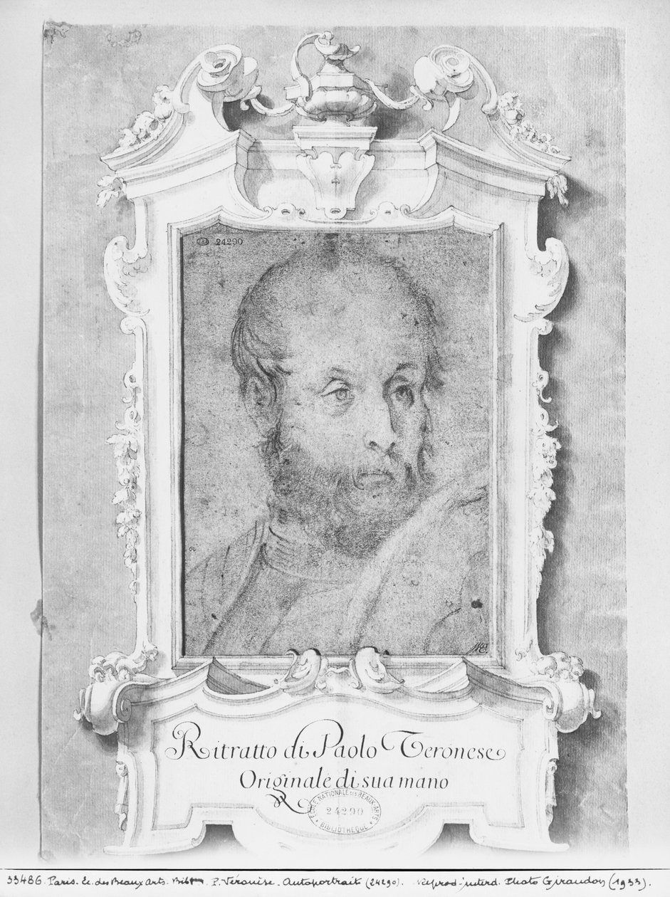 Veroneselaisen (Paolo Caliari) oletetun miehen muotokuva (pierre noire sinertävälle paperille) tekijältä Italian School
