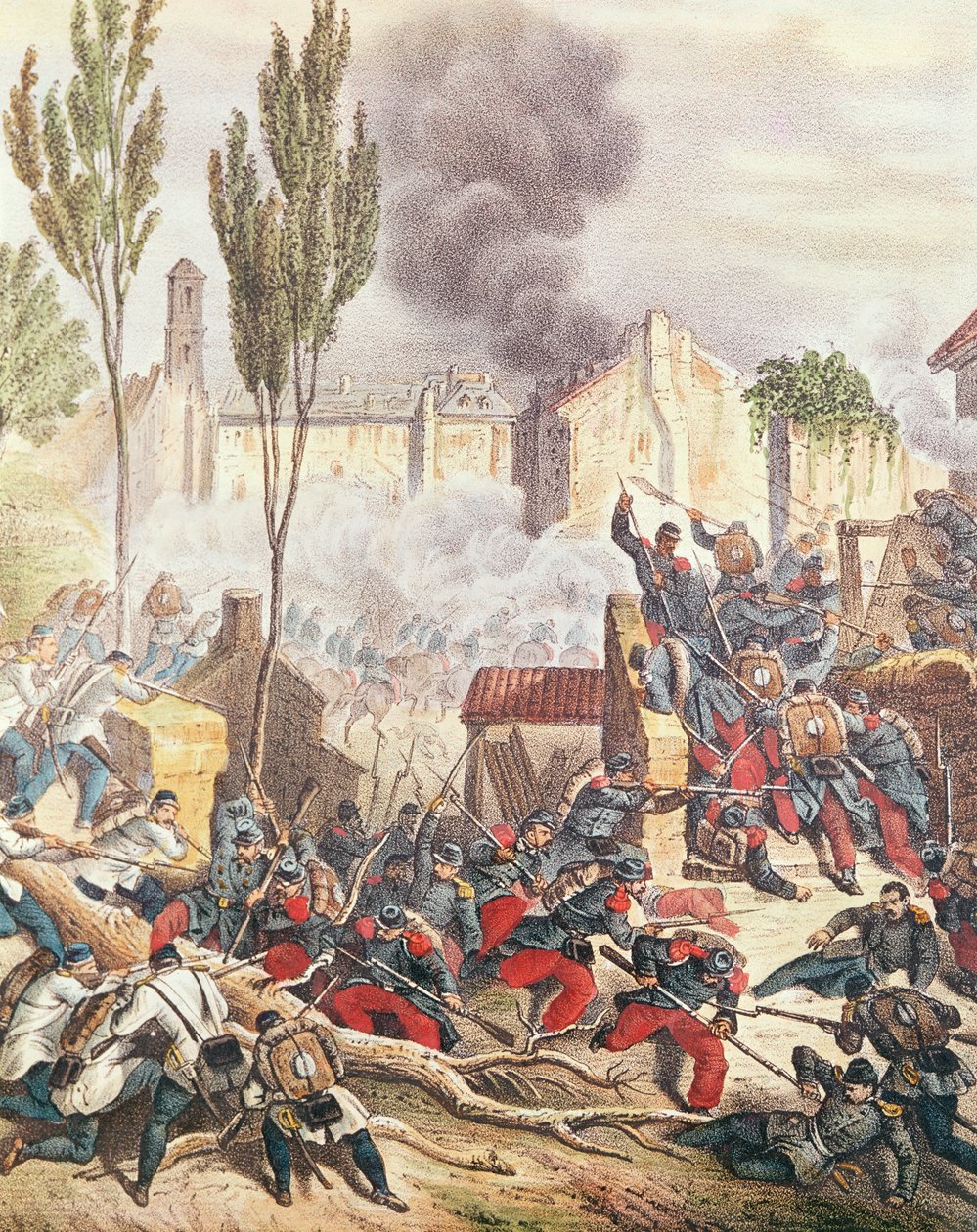 Piemontilaiset ja ranskalaiset Magentan taistelussa vuonna 1859 (värikaiverrus) tekijältä Italian School