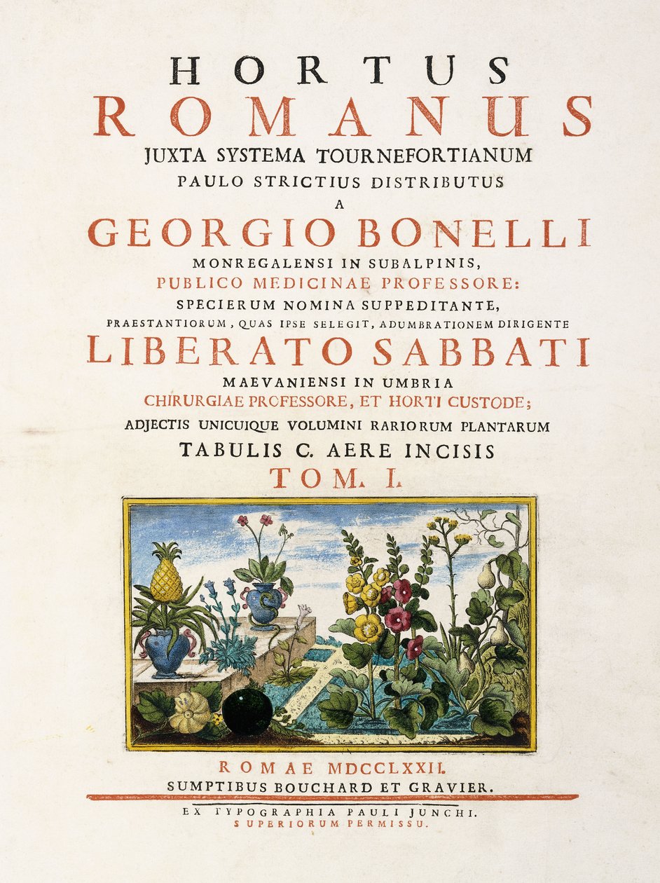 Nimisivu teoksesta "Hortus Romanus", 1772-1784 tekijältä Italian School