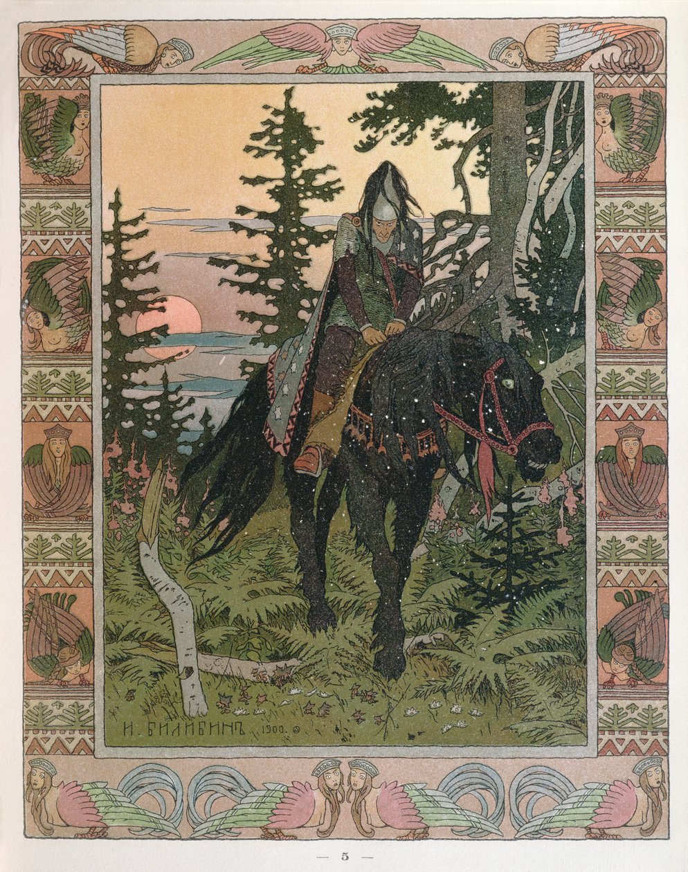The Black Rider, jakso venäläisestä sadusta "Vasilissa the Beautiful", 1900 tekijältä Ivan Yakovlevich Bilibin