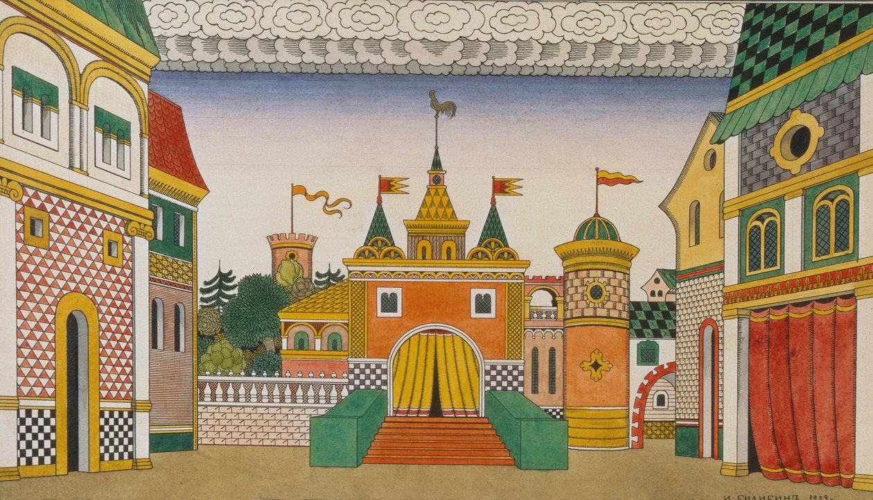 Luonnos oopperaan, Kultainen kukko, Nikolai Rimski-Korsakovin (1844-1908), 1909 (wc ja guassi paperilla) tekijältä Ivan Yakovlevich Bilibin