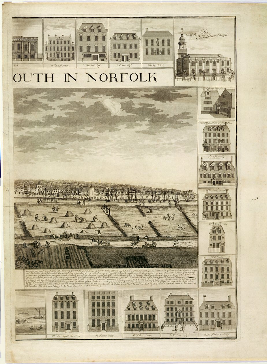 The West Prospect of the Town of Great Yarmouth Norfolkissa, kaiverrettu John Harris (fl.1686-1740) (katso myös 241066,241067) tekijältä J. Corbridge