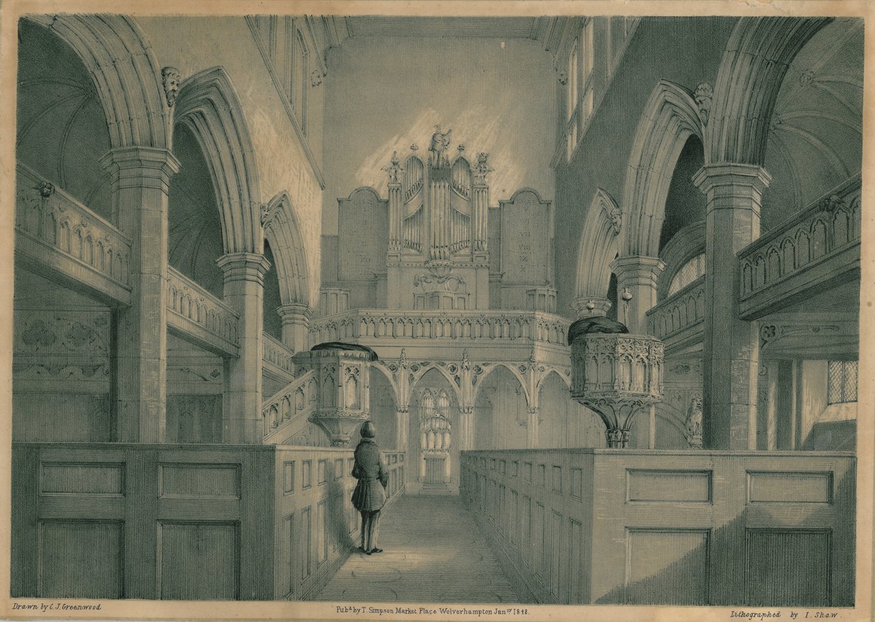 Sisäkuva St. Peters Churchista, Wolverhampton, 1848 tekijältä J. Show