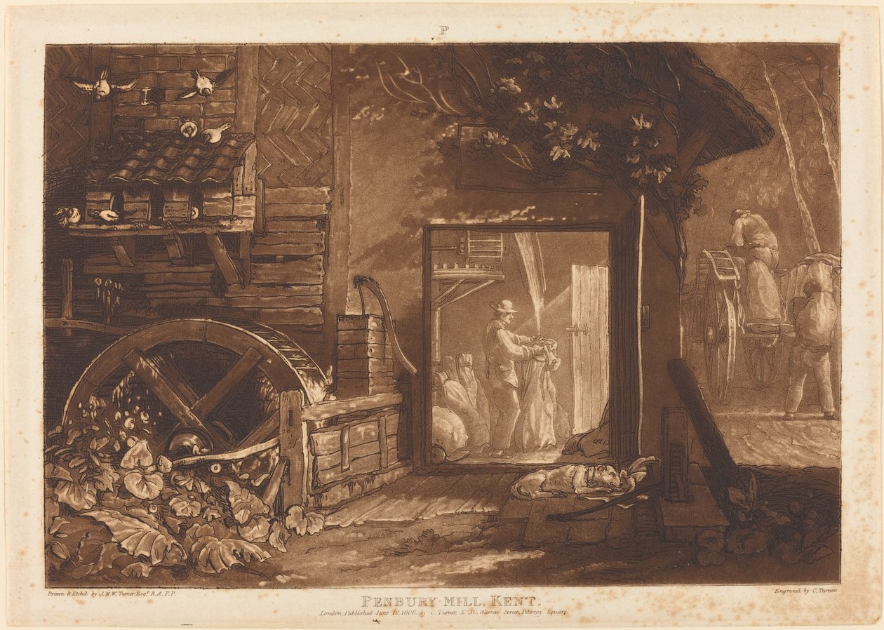 Pembury Mill, Kent, julkaistu 1808. tekijältä Joseph Mallord William Turner