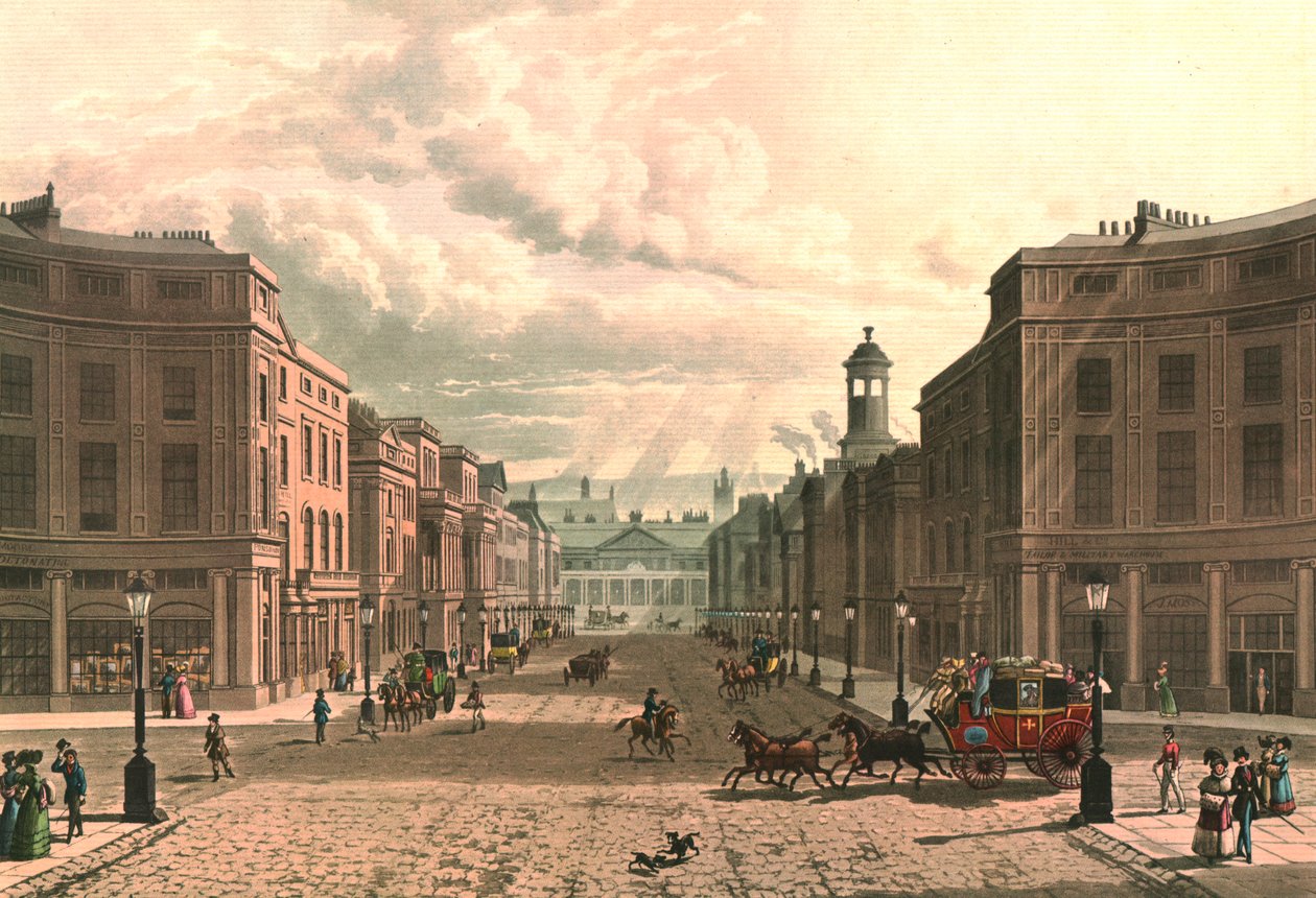 Regent Street Piccadillystä, vuodelta 1822. tekijältä J Bluck