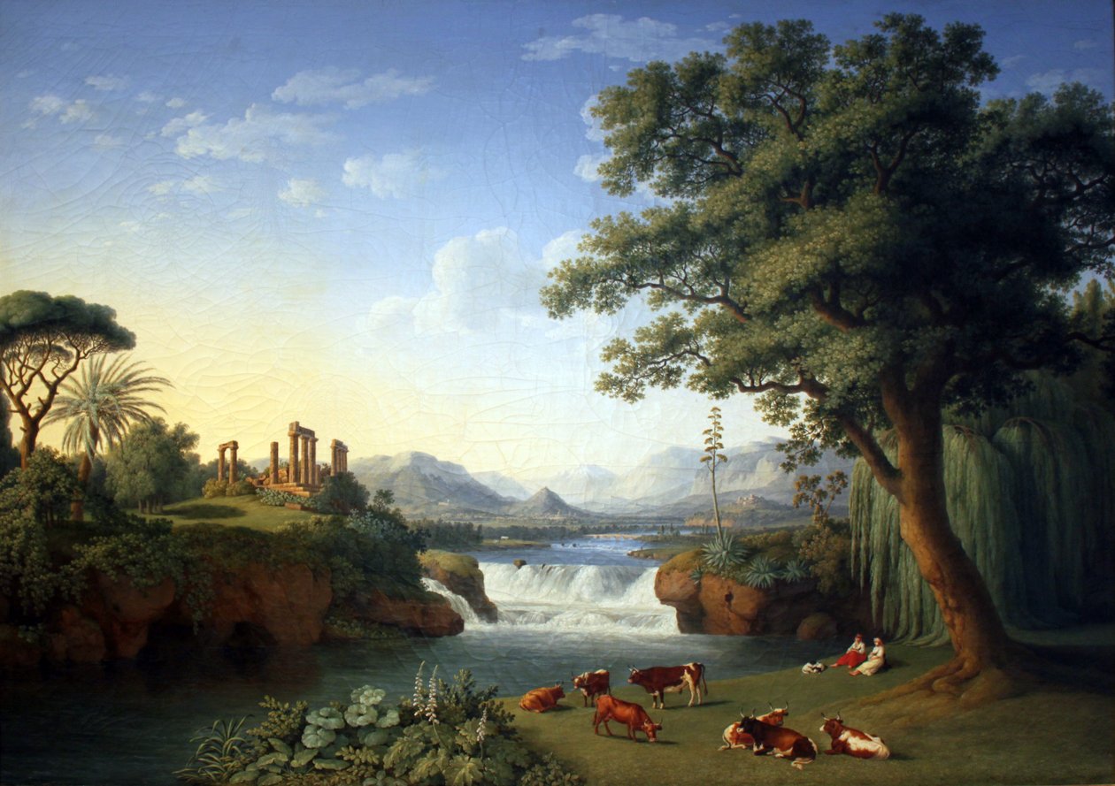Ideallanschaft mit Juno-Tempel aus Agrigent tekijältä Jacob Philippe Hackert