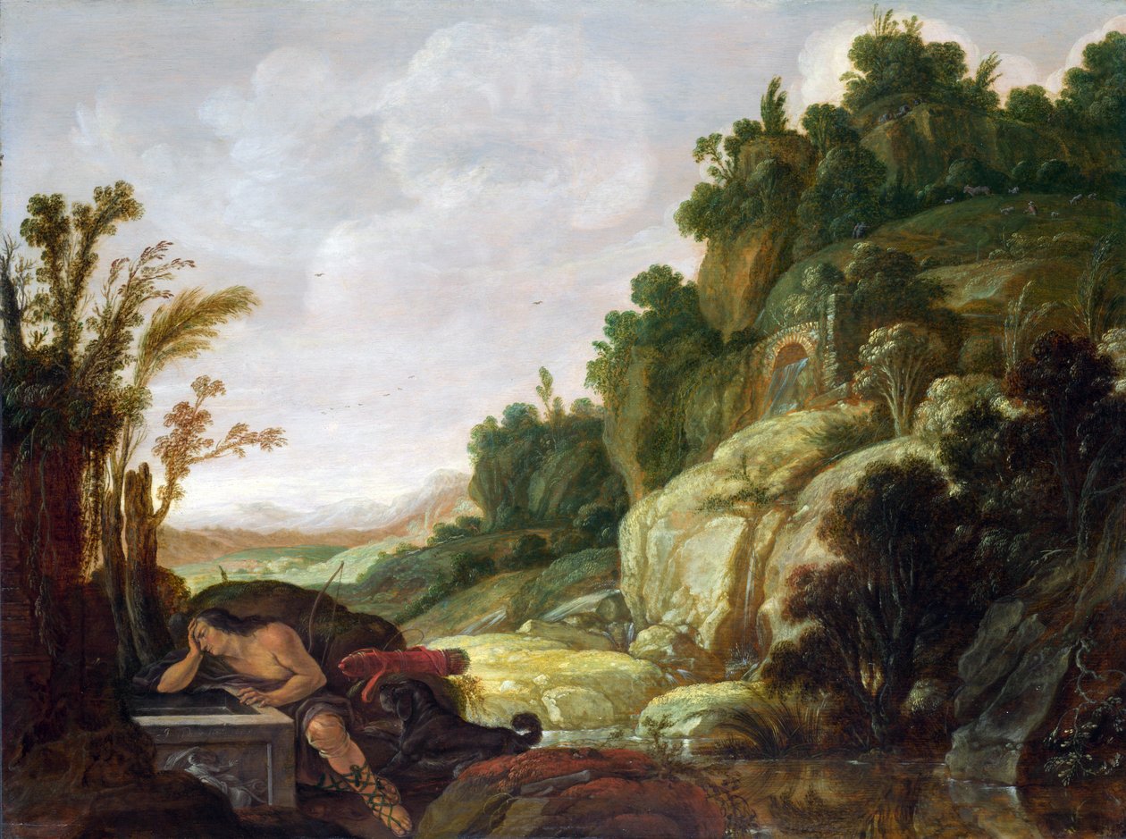 Landschaft mit Narziß am Brunnen tekijältä Jacob Symonsz Pynas or Pinas