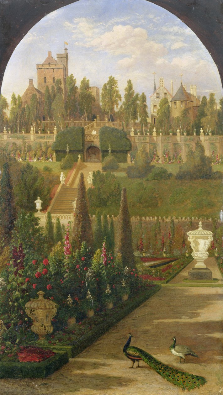 Drummond Castle, Perthshire, nähtynä puutarhasta, 1847 tekijältä Jacob Thompson