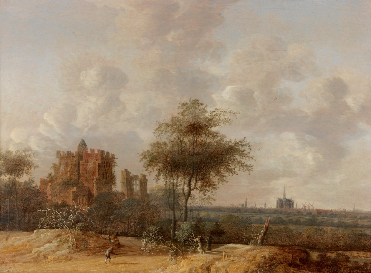 Maiseman raunioitunut linna Brederode ja etäinen näkymä Haarlem, 1655 tekijältä Jacob van der Croos