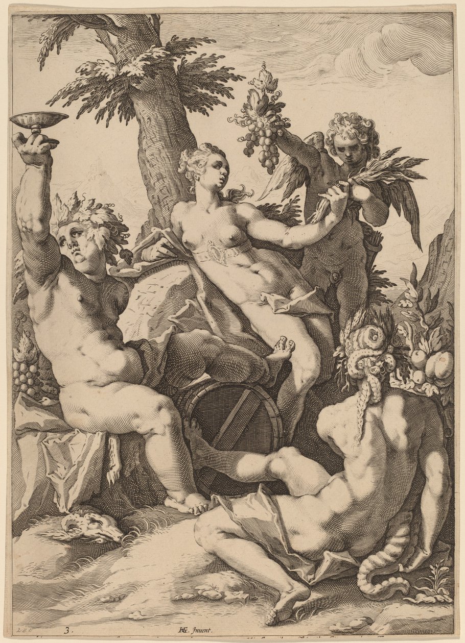 Venus, Bacchus ja Ceres tekijältä Jacob Matham after Hendrik Goltzius
