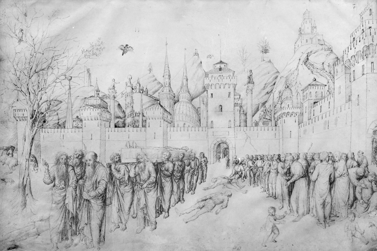 Neitsyt Marian hautajaiset, Jacopo Bellinin piirustusalbumista (kynä ja muste pergamentille). tekijältä Jacopo Bellini