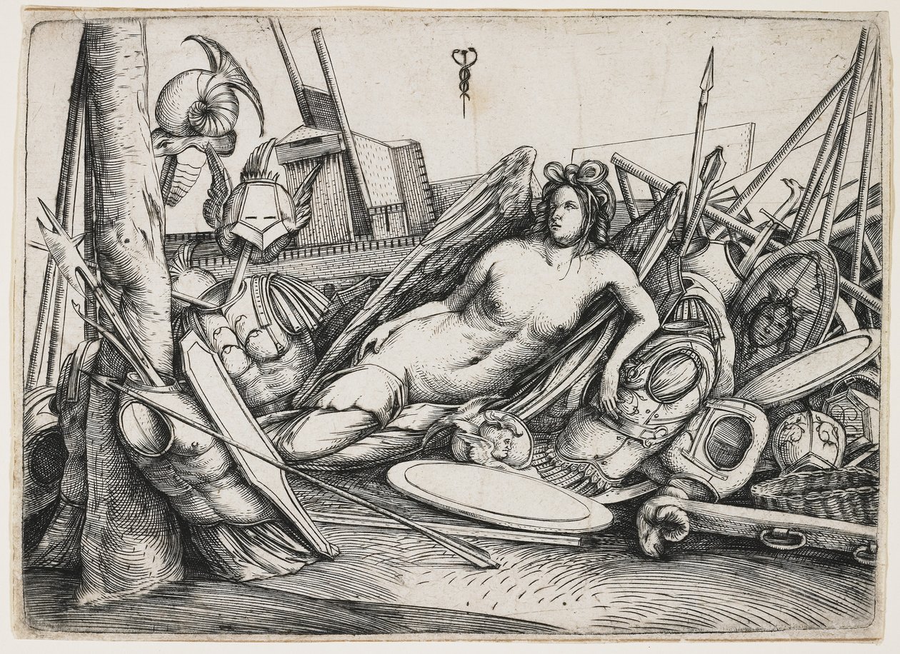 Voitto makaa pokaalien keskellä, n. 1510. tekijältä Jacopo de Barbari