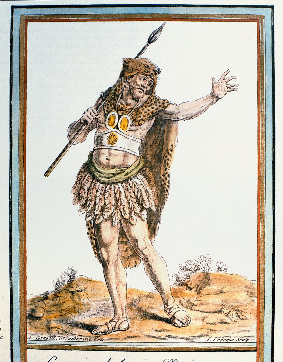 Muinaisen Meksikon soturi, kuvitus teoksesta "Encyclopedie des Voyages;, kaiverrettu J. Laroquw, julkaistu 1796. tekijältä Jacques Grasset de Saint Sauveur