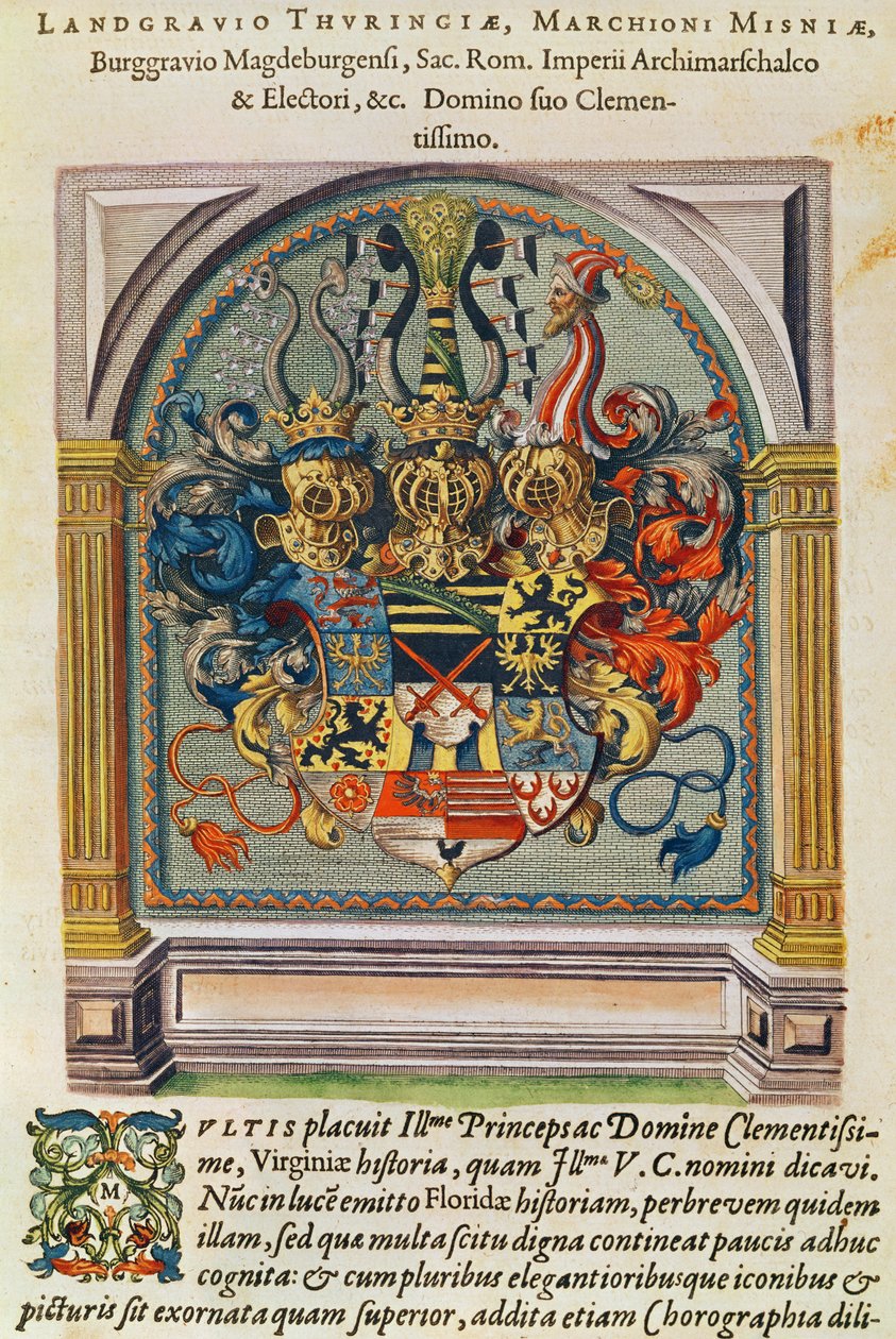 Vaakuna, "Brevis Narratio...", kaivertanut Theodore de Bry (1528-98), julkaistu Frankfurtissa, 1591 tekijältä Jacques Le Moyne