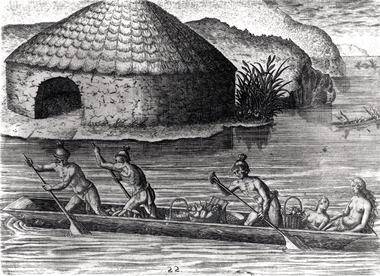 Floridan intiaanit varastoivat satoaan julkisessa viljamakasiinissa, "Brevis Narratiosta", kaiverrus Theodore de Bry (1528-98) 1591 (katso myös 223434) tekijältä Jacques Le Moyne