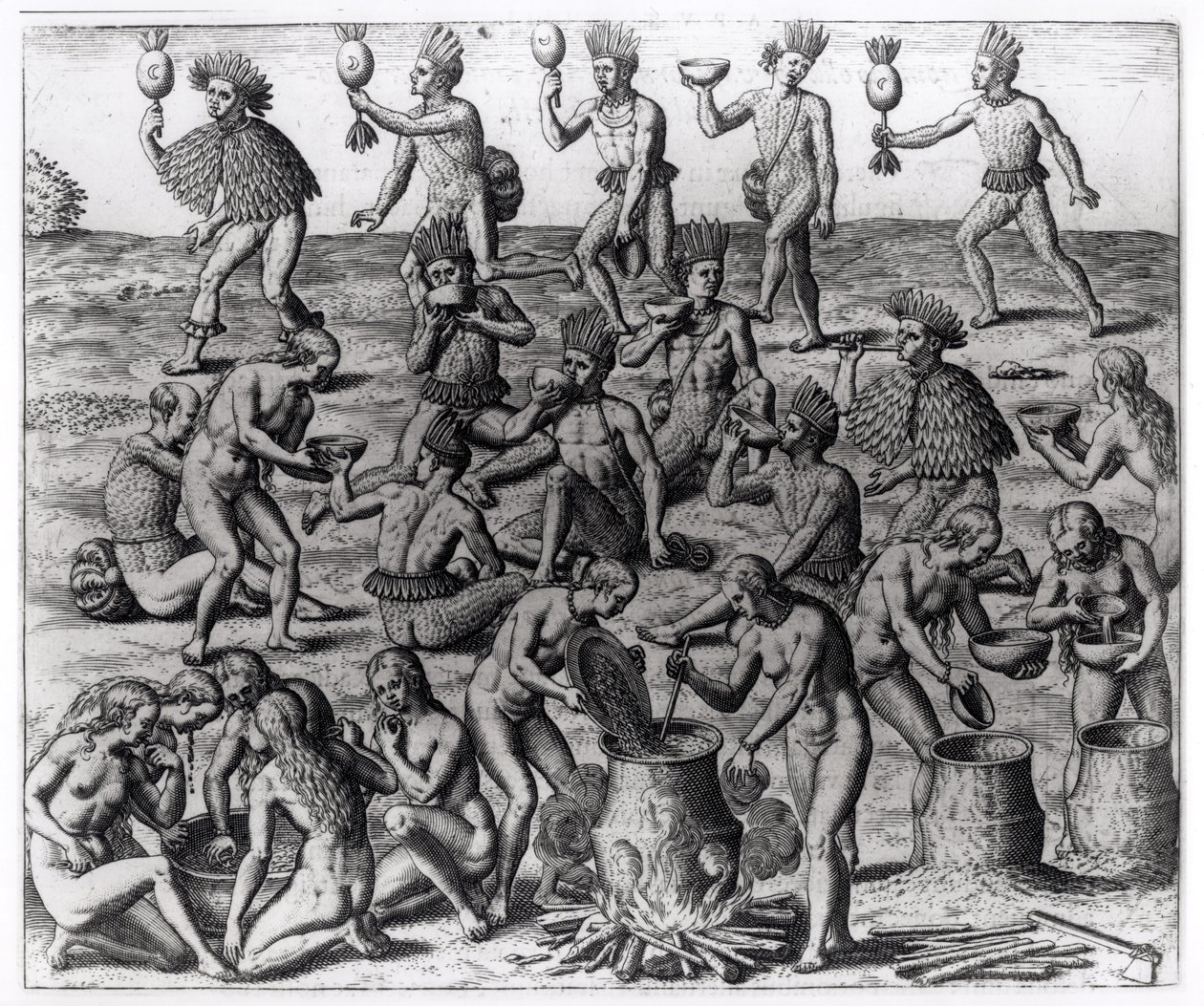 Intialaiset naiset valmistelevat maniokkijuurta, kaiverrus Theodore de Bry (1528-98), kirjasta "Americae", 1593 tekijältä Jacques Le Moyne