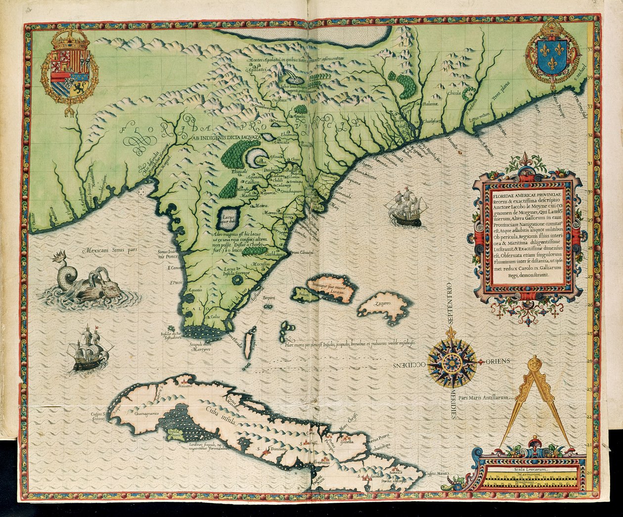 Floridan kartta, "Brevis Narratio...", kaivertanut Theodore de Bry (1528-98), julkaistu Frankfurtissa, 1591 tekijältä Jacques Le Moyne