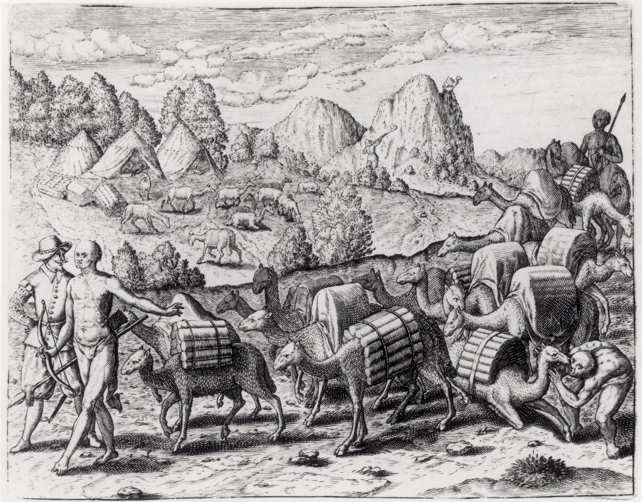 Pakkaa Llamas Ladenin juna hopeaa Potosi Mines of Perusta, kaiverrus Theodore de Bry (1528-98), "Americae", 1602 tekijältä Jacques Le Moyne