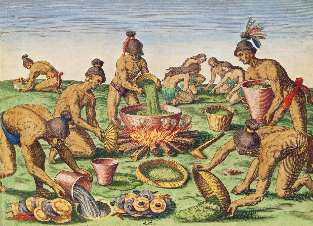Preparations for a Feast, Theodore de Bryn (1528-1598) kaivertama teoksesta "Brevis Narratio..", julkaistu Frankfurtissa, 1591 tekijältä Jacques Le Moyne