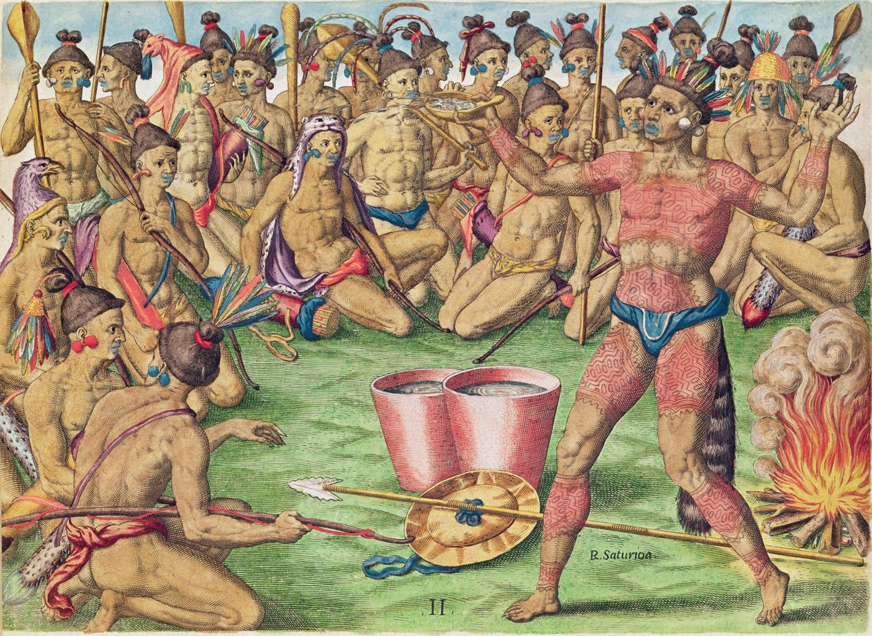 Satoutiona Prepares for Battle, teoksesta "Brevis Narratio...", kaivertanut Theodore de Bry (1528-98), julkaistu Frankfurtissa, 1591 tekijältä Jacques Le Moyne
