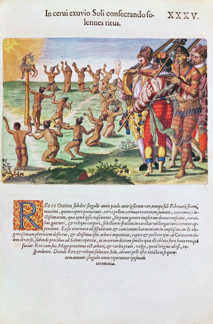 Auringonpalvontarituaali ja peuran uhraaminen, teoksesta "Brevis Narratio", kaiverrettu Theodore de Bry (1528-98) 1563. tekijältä Jacques Le Moyne