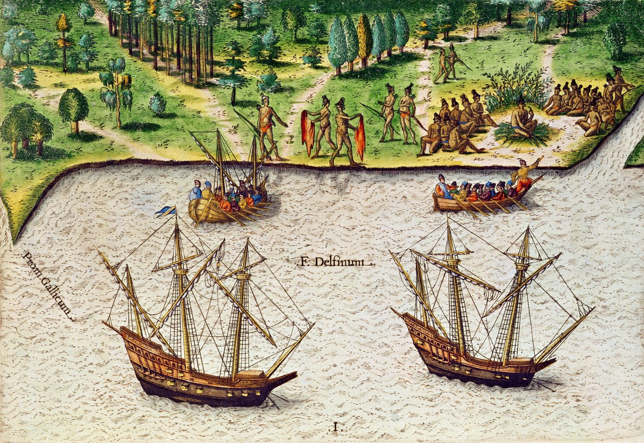 Floridan niemi (Gallicum) ja delfiinijoki (Fleuve Delphinium) "Brevis Narratiosta", kaivertanut Theodore de Bry (1528-98) 1563 tekijältä Jacques Le Moyne