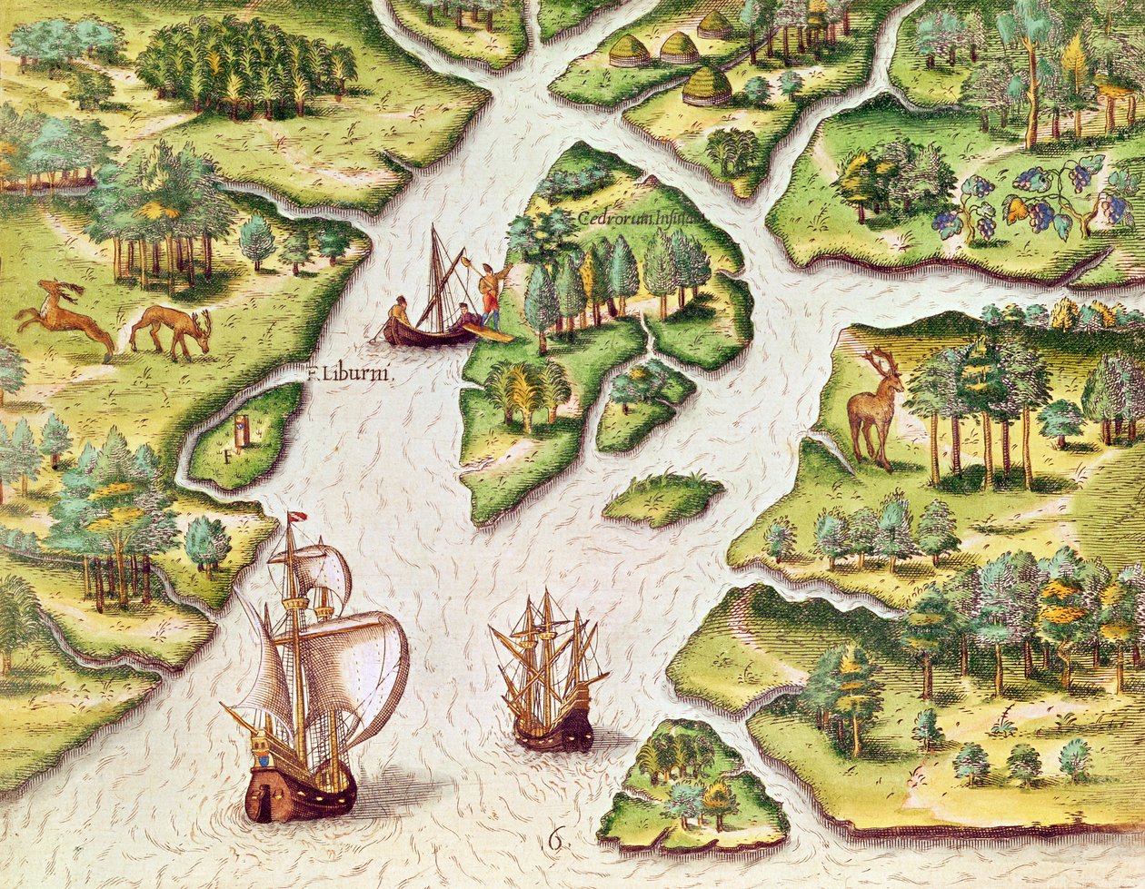 Ranskalainen pystyttää sarakkeen, jossa on kuninkaallinen vaakuna, "Brevis Narratio...", kaivertanut Theodore de Bry (1528-98), julkaistu Frankfurtissa, 1591 tekijältä Jacques Le Moyne