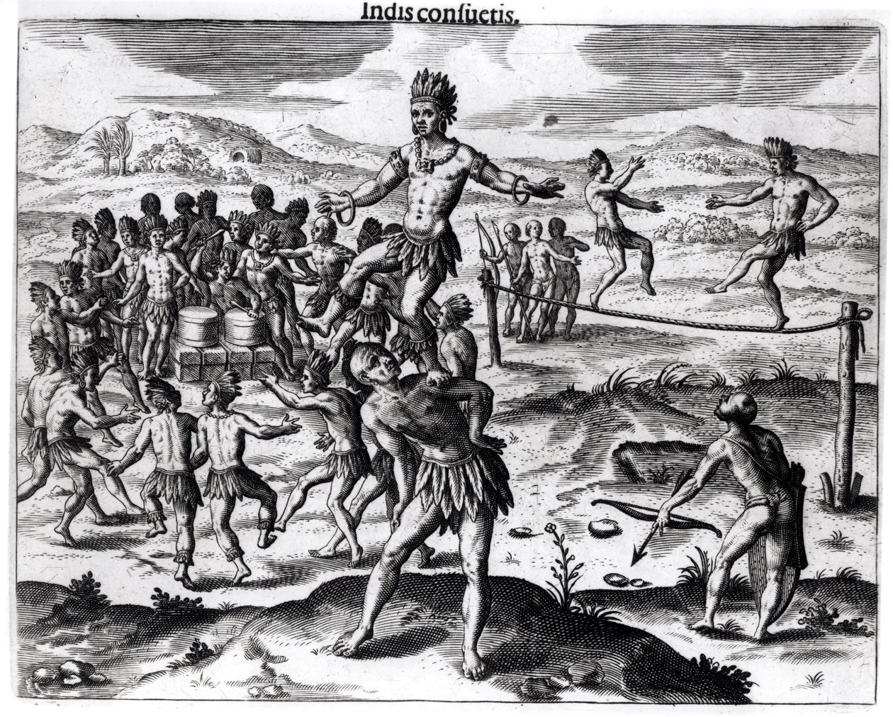 Erilaisia intialaisia pelejä, "Americae", 1602, kaivertanut Theodore de Bry (1528-98) tekijältä Jacques Le Moyne