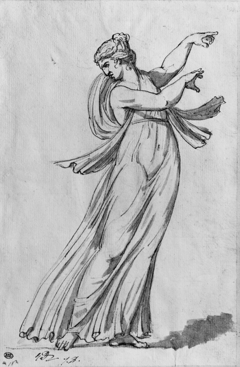 Bacchante (kynä ja musta muste ja harmaa pesu ja pierre noire paperilla) tekijältä Jacques Louis David