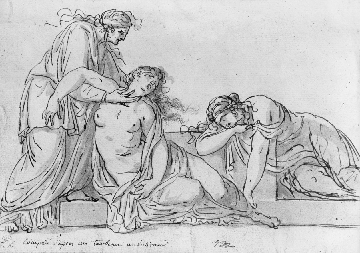 Vanha nainen nojaa kahden pyörtyvän naisen ylle, noin 1776 (kynä ja ruskea muste ja harmaa tussi ja pierre noire paperille) tekijältä Jacques Louis David