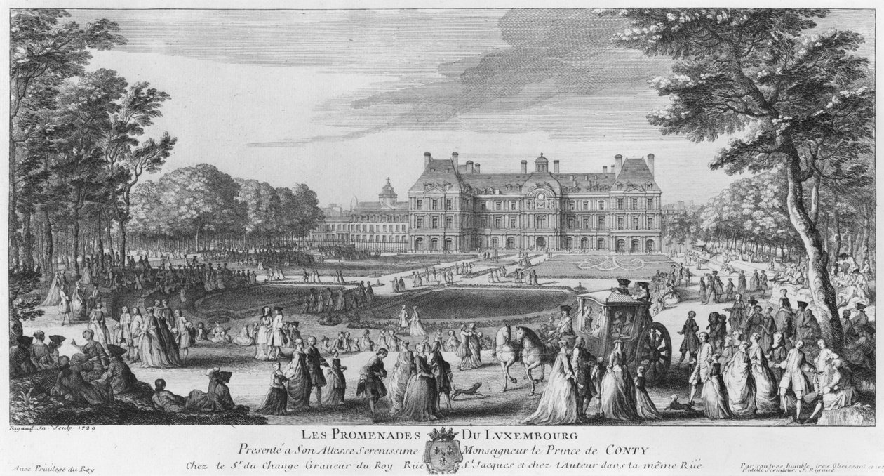 Kävely Luxemburgin puutarhoissa, 1729 tekijältä Jacques Rigaud