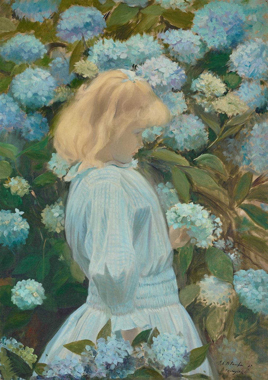 Nuori tyttö, jolla on hortensioita tekijältä Jacques Emile Blanche