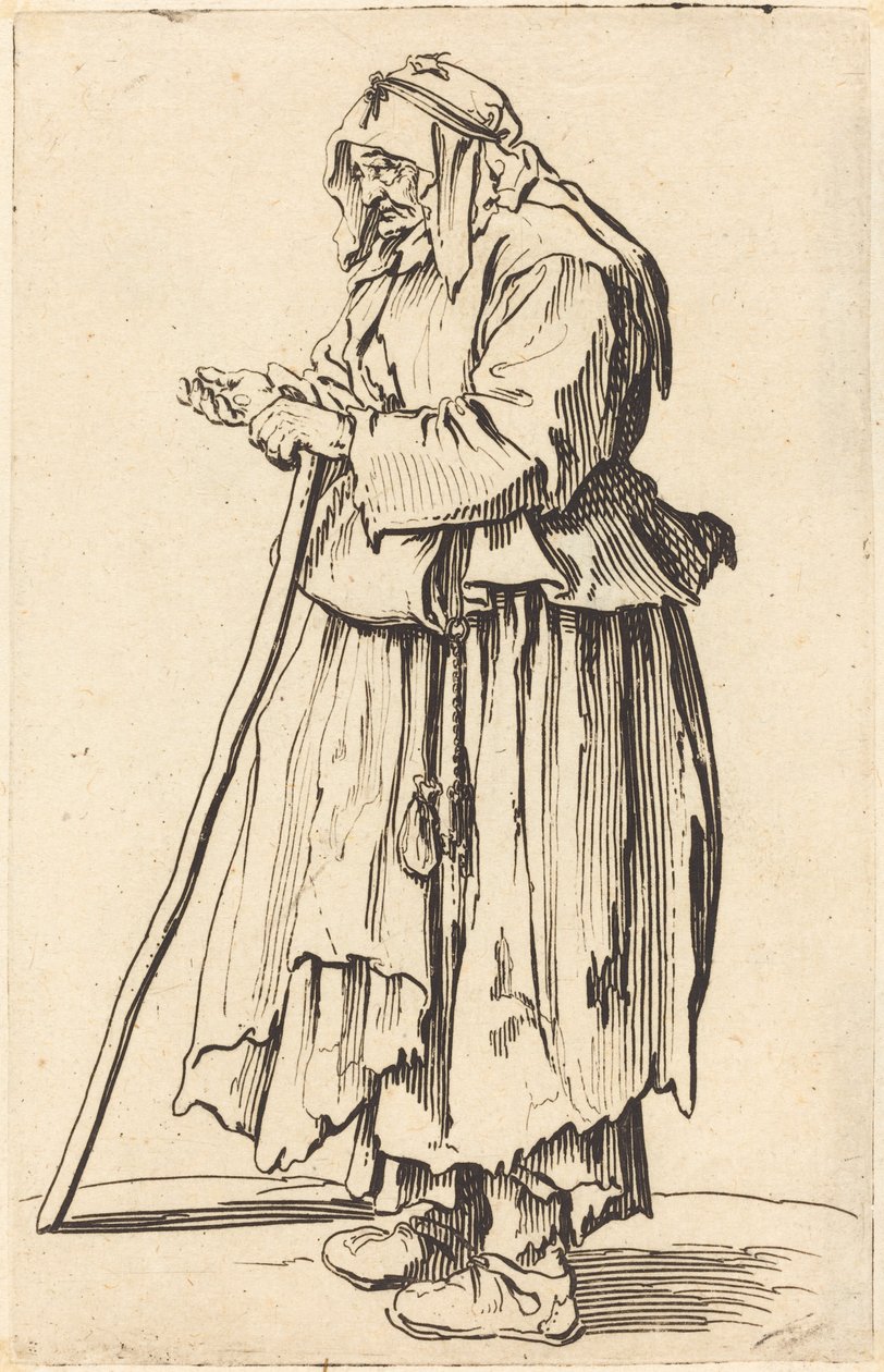 Kerjäläinen nainen vastaanottaa hyväntekeväisyyttä, n. 1622. tekijältä Jacques Callot