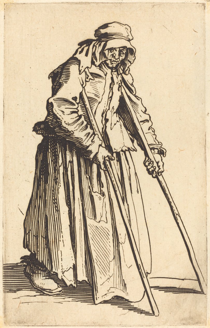 Kerjäläinen nainen kainalosauvoilla, n. 1622. tekijältä Jacques Callot