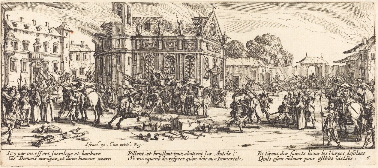 Luostarin tuhoaminen, n. 1633. tekijältä Jacques Callot