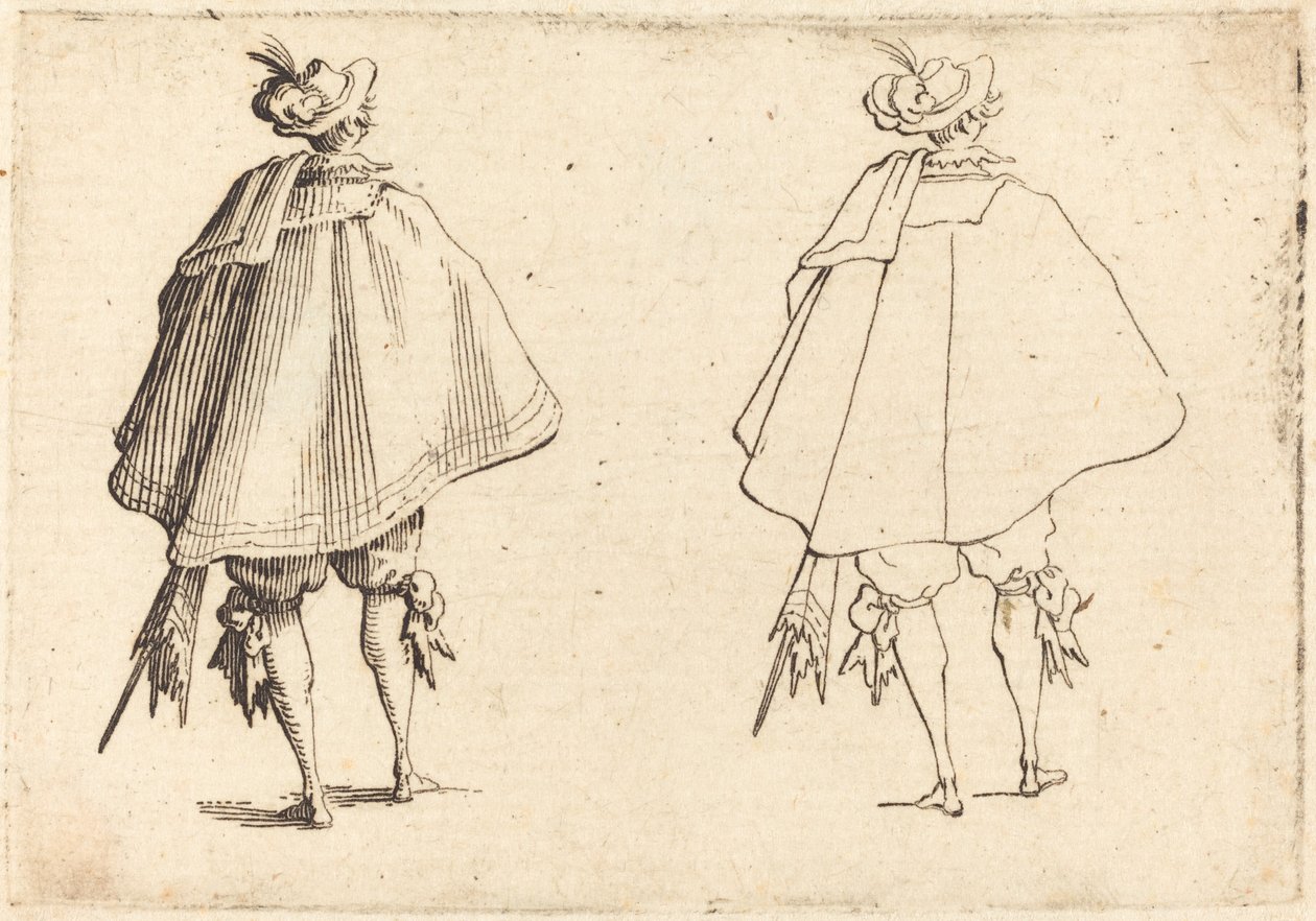 Herrasmies suuressa vaipassa takaa katsottuna tekijältä Jacques Callot