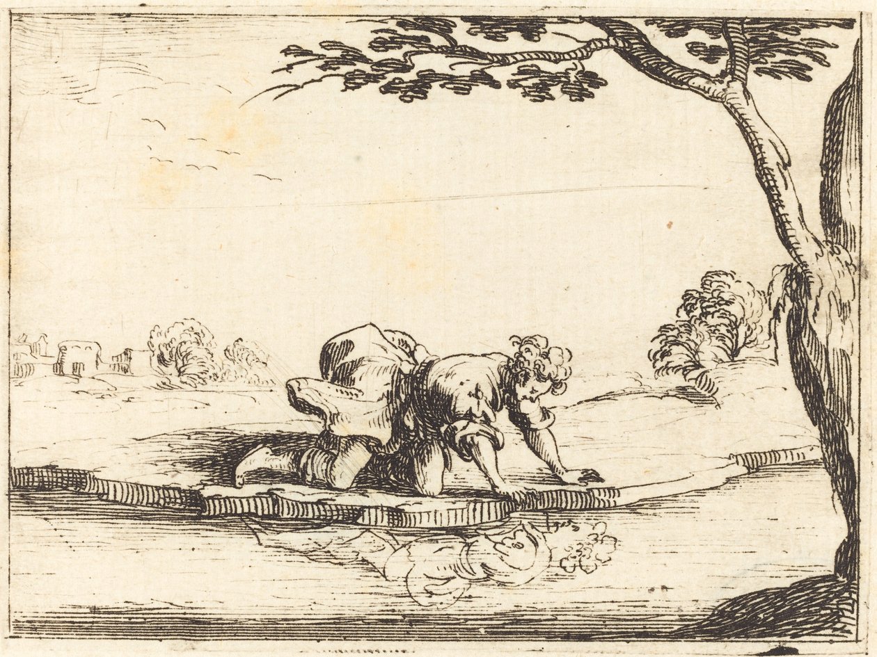 Narcissus katselee veteen, 1628. tekijältä Jacques Callot
