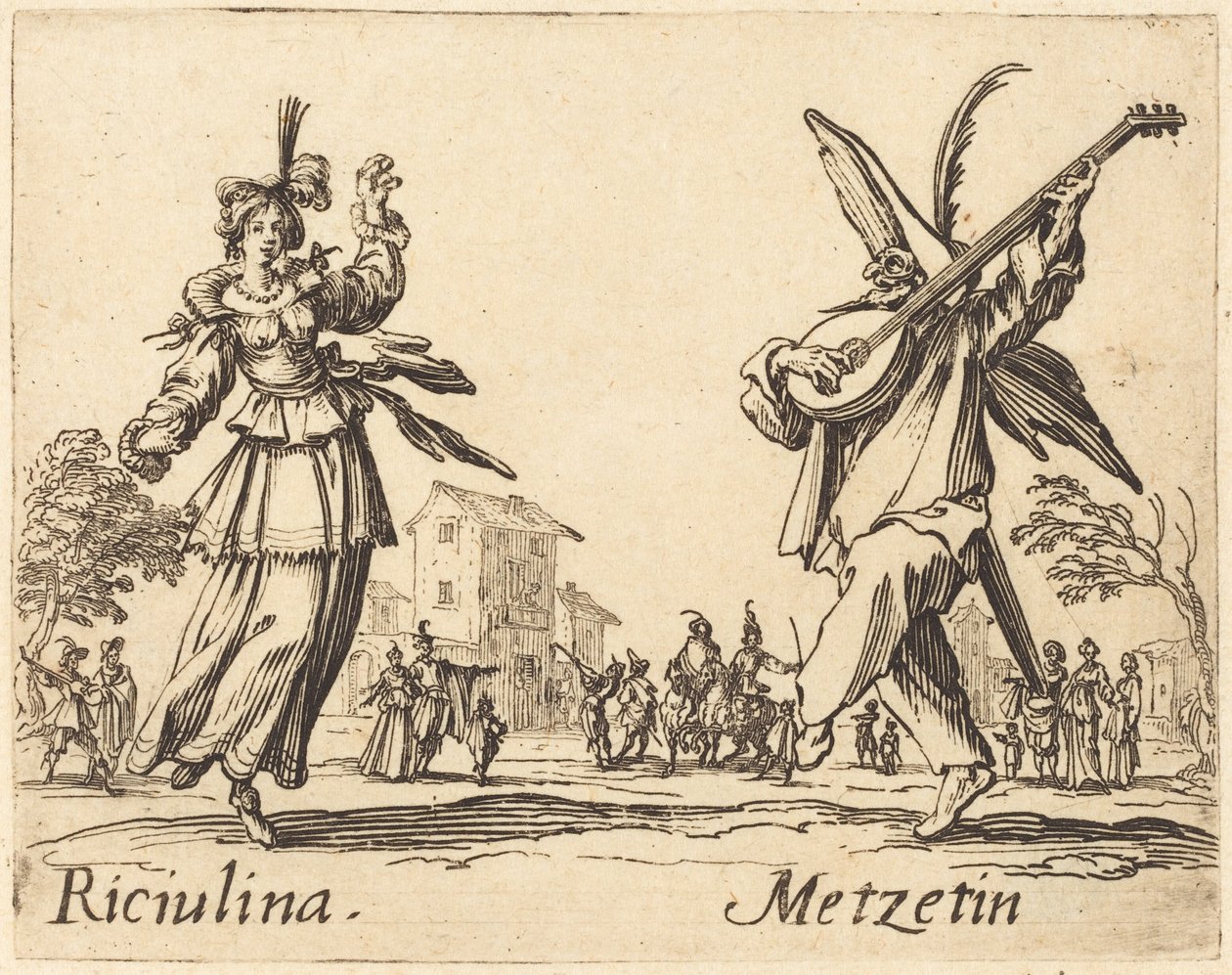 Riciulina ja Metzetin, c. 1622. tekijältä Jacques Callot