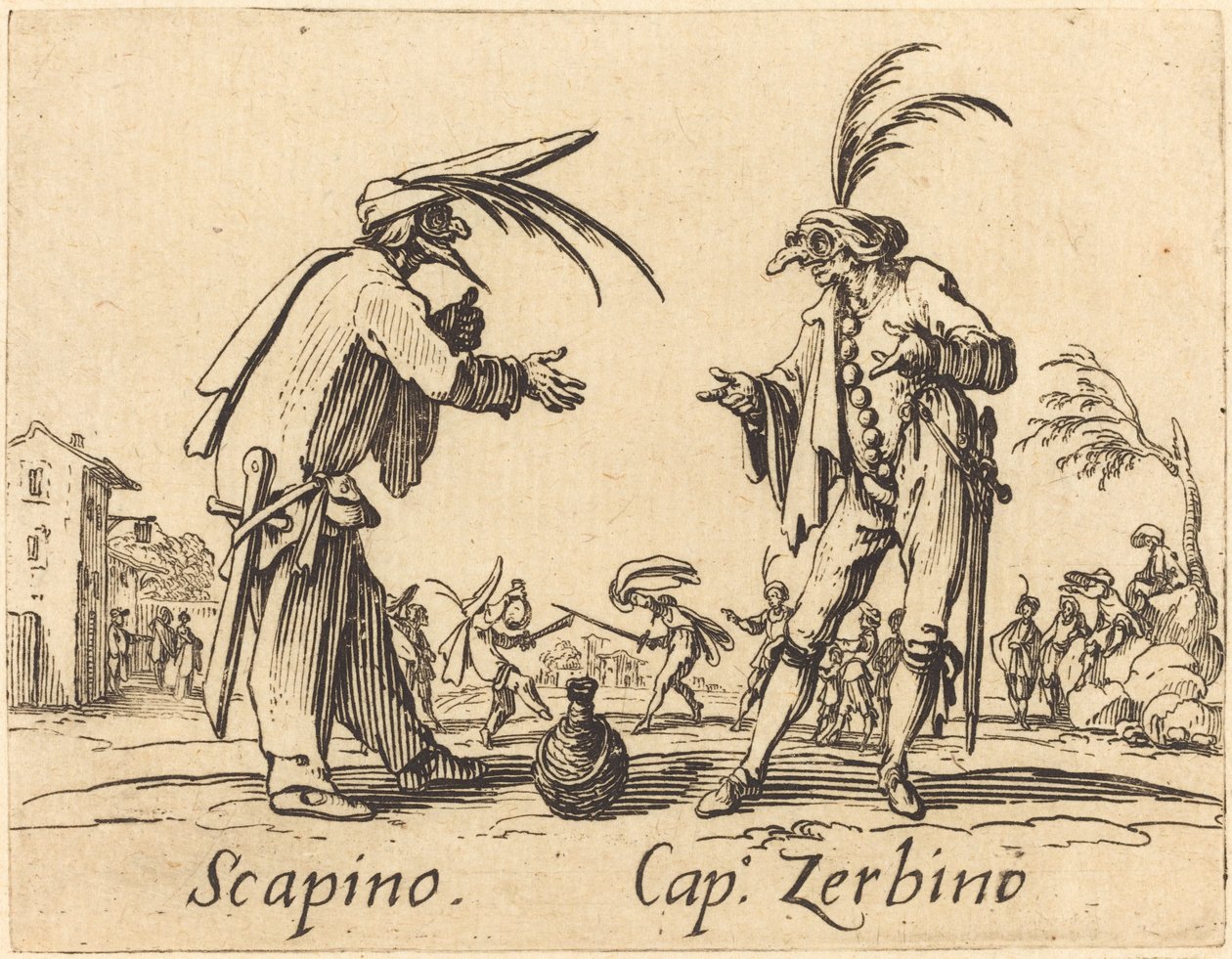 Scapino ja Cap. Zerbino, n. 1622. tekijältä Jacques Callot