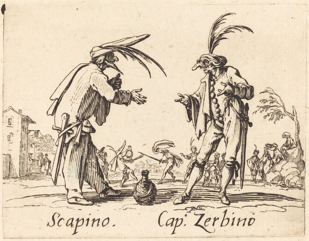 Scapino ja Cap. Zerbino, n. 1622. tekijältä Jacques Callot
