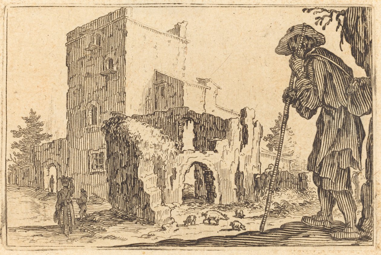 Paimen ja rauniot, n. 1622. tekijältä Jacques Callot