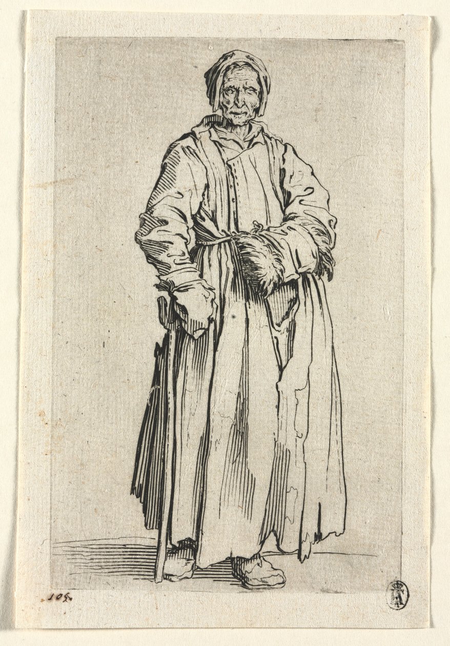 Kerjäläiset: Yksisilmäinen nainen, n. 1623. tekijältä Jacques Callot