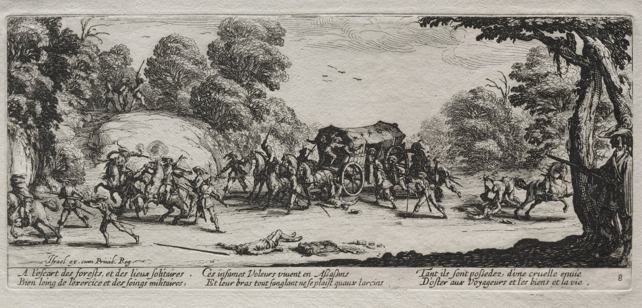 Sodan kurjuudet: Highway Robbery, 1633. tekijältä Jacques Callot