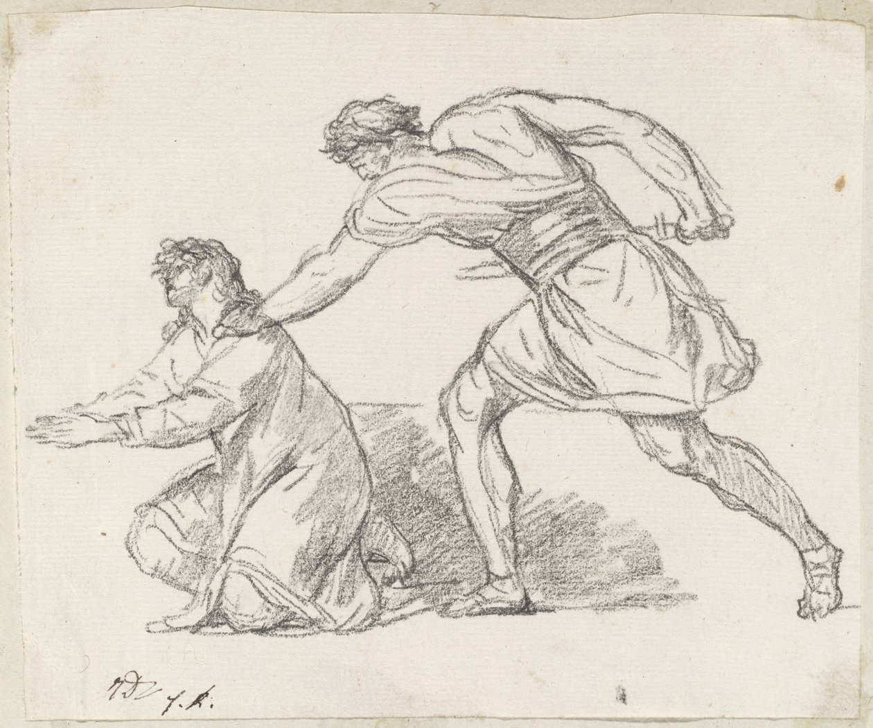 Soturi tarttuu polvistuvaan hahmoon tekijältä Jacques Louis David