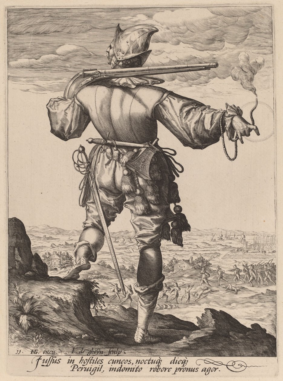 Kypärällinen muskettisoturi tekijältä Jacques de Gheyn II after Hendrik Goltzius
